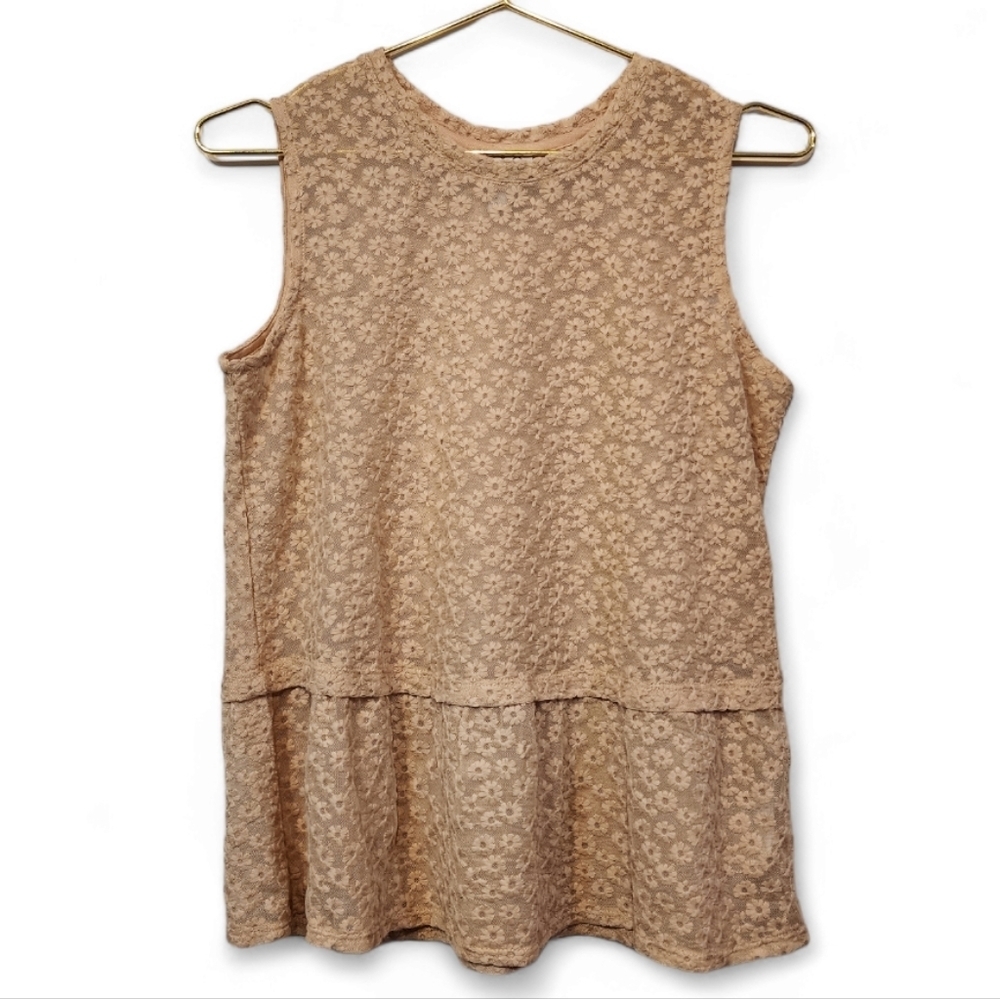 LOGO Lori Goldstein sheer tan floral embroidered tank flounce peplum tank XS